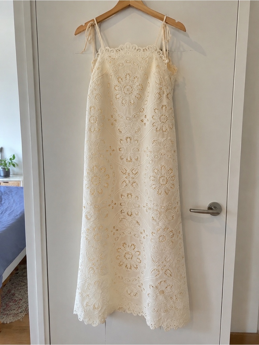 Zimmermann Cream Eyelet Lace Slip Dress with Tie Straps